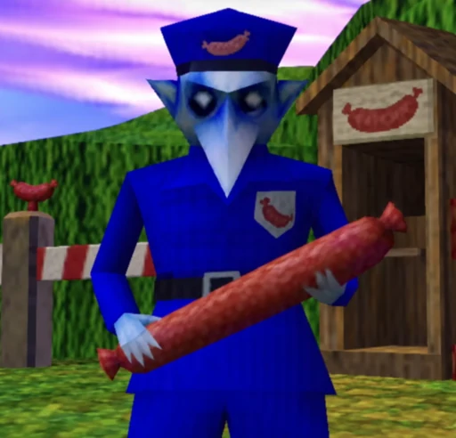 The blue, long-nosed Sausage Keeper holding a giant sausage in a surreal PS1 game world